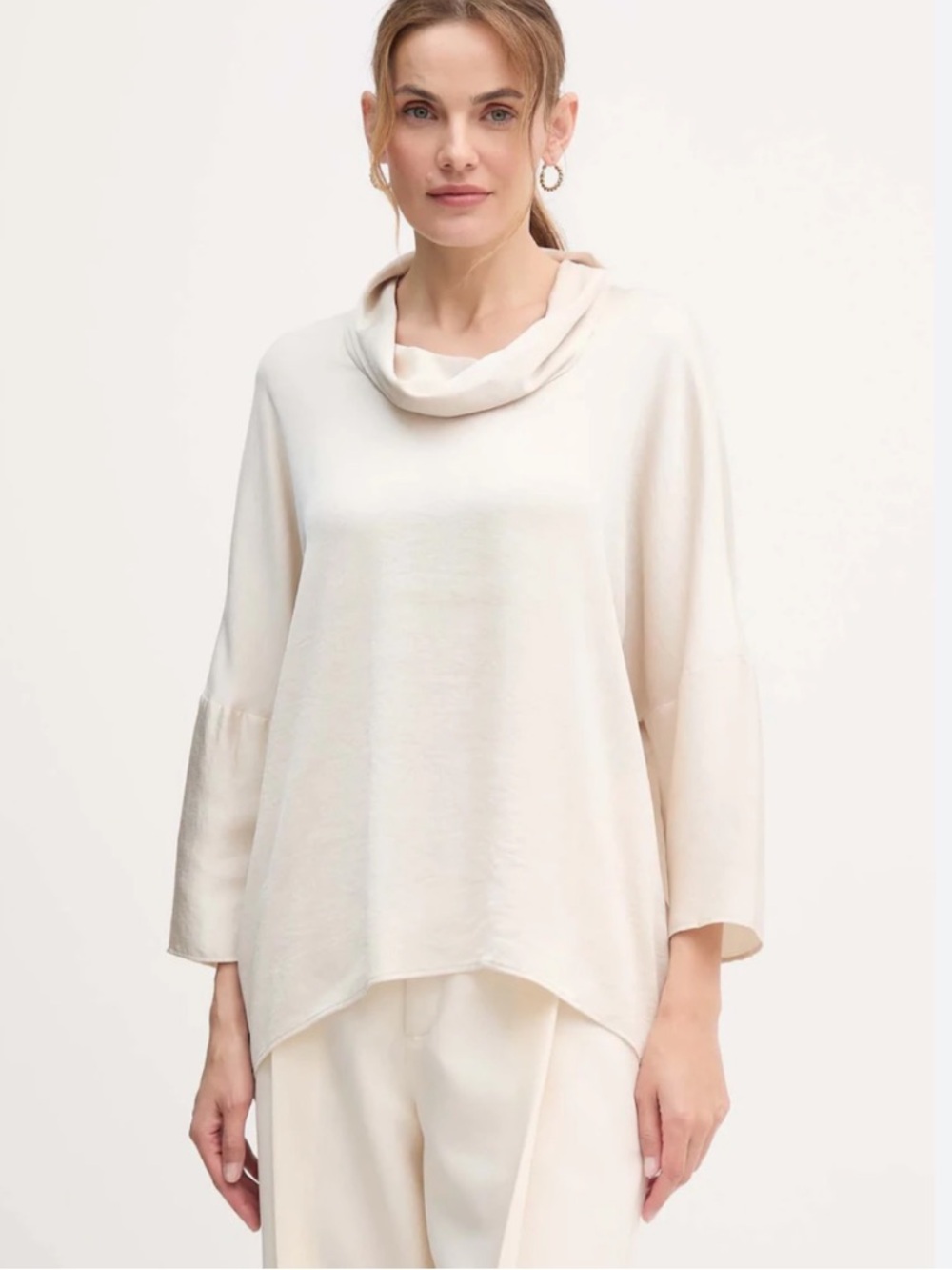 NWT Joseph Ribkoff Satin Boxy Tunic with Cowl Collar in Birch Size Medium
